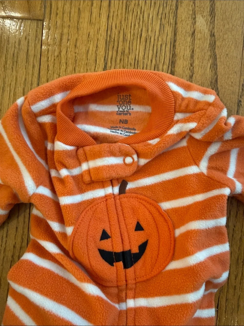 Orange Striped Pumpkin Footed One-Piece Baby Newborn Fleece EUC